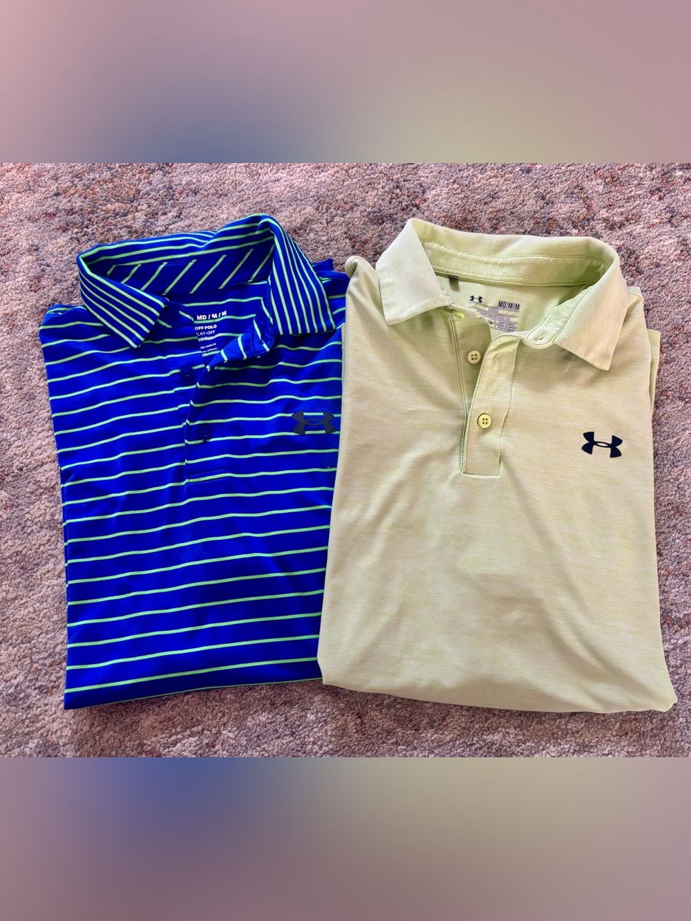 Lot of 2 men’s Under Armour performance polos blue and green striped size medium